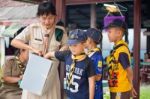 Student 9-10 Years Old, Scout In Adventure Activities, Scout Camp School Bangkok Thailand Stock Photo