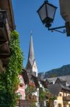 View Of The Evangelical Parish Church In Hallstatt Stock Photo