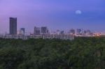 Green Forest In Big City Under Moon Sky Twilight Stock Photo