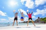 Tourist Women Three Generation Family On Beach Stock Photo