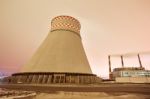 Power Plant And Cooling Towers At Dusk Stock Photo