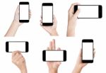 Hand Hold Black Modern Smart Phone Show Screen Display Isolated Set Stock Photo