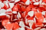 Colorful Heart Shape Jelly Candy Snack Group. Sweet For Valentines Day Background Stock Photo