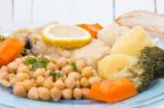 Codfish With Chickpeas And Vegetables Stock Photo