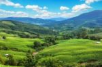 Mountain Valley During Sunrise. Natural Summer Landscape Stock Photo