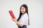 Asia Thai High School Student Uniform Beautiful Girl Read A Book Stock Photo