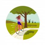 Girl Riding Bicycle Up Tree Circle Retro Stock Photo