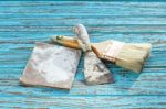 Paintbrush  Trowel Sandpaper Still Life Wood Teak Antique Blue Stock Photo