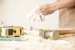 Carpenter Working,hammer,meter And Screw-driver On Construction Background Stock Photo