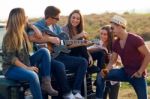 Portrait Of Group Of Friends Playing Guitar And Drinking Beer Stock Photo