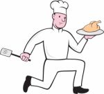 Chef With Chicken Spatula Running Cartoon Stock Photo