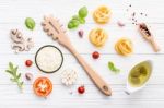 Ingredients For Homemade Pasta On Wooden Background Stock Photo