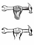 Hand Holding Hammer And Wrench Symbol Industry Concept Stock Photo