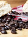 Coffee And Bread Wooden Background Stock Photo