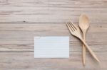 Wooden Spoon And Blank Menu Memo On Wood Background Stock Photo