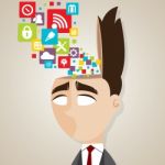 Cartoon Businessman With Technology Icons In His Head Stock Photo