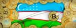 Bitcoins Gold Around Uzbekistan  Flag And Pickaxe On The Left.3d Stock Photo