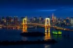 Tokyo Skyline With Rainbow Bridge And Tokyo Tower. Tokyo, Japan Stock Photo