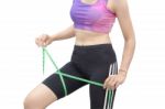 Woman In Sport Bra Measuring Her Body With Tape Isolated On Whit Stock Photo