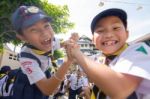 Student 9-10 Years Old, Scout In Adventure Activities, Scout Camp In Bangkok Thailand Stock Photo