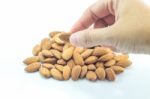 Hand On Almond Grain Isolated On White Background Stock Photo