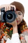 Woman Holding Camera Stock Photo