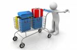 3d Man Rolls The Shopping Cart With Gifts Stock Photo