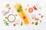 Ingredients For Homemade Pasta On Wooden Background Stock Photo