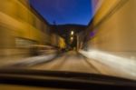 Inside View Of Car In Narrow Street Stock Photo