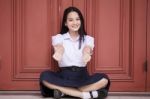 Portrait Of Thai High School Student Uniform Teen Beautiful Girl Happy And Relax, Stock Photo