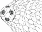 Soccer Football In Goal Net Stock Photo