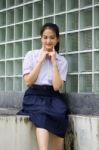 Portrait Of Thai High School Student Uniform Teen Beautiful Girl Happy And Relax, Stock Photo