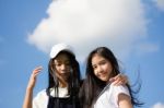 Two Asia Thai High School Student Best Friends Beautiful Girl Smile And Funny Stock Photo