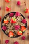 Bran Flakes With Fresh Raspberries And Strawberries Stock Photo