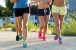 Group Of Women Running In The Park Stock Photo