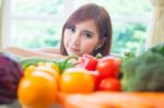 Happy Woman Cooking Vegetables Green Salad Stock Photo