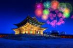 Gyeongbokgung Palace At Night And Firework Festival In Seoul,korea Stock Photo