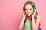 School Girl With Headphone And Bag Stock Photo