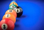 Billiard Balls In A Blue Pool Table Stock Photo