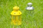 Ramadan Lamps On Green Grass Stock Photo