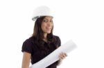 Female Architect With Helmet And Blueprint Stock Photo