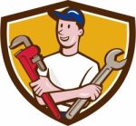 Handyman Spanner Monkey Wrench Crest Cartoon Stock Photo