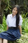 Portrait Of Thai High School Student Uniform Teen Beautiful Girl Happy And Relax, Stock Photo