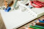 School And Office Supplies On Wood Background. Back To School Stock Photo