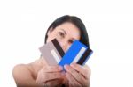 Woman With Credit Cards Stock Photo