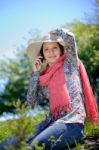 Girl In Outdoor With Phone Stock Photo