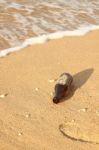 Stained Sand Help Opened Bottle On Sea Shore Stock Photo