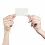 Blank Business Card In A Female Hand. Concept Stock Photo