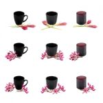 Glass & Ceramic Coffee Cup & Flowers Stock Photo