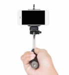 Hand Holding Selfie Stick Isolated White Clipping Path Inside Stock Photo